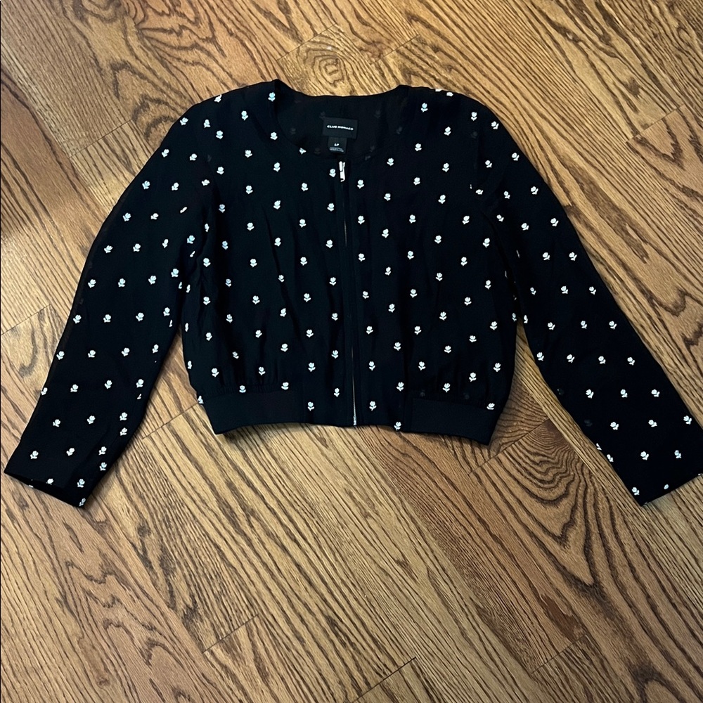 Club Monaco Black Silk Jacket with Subtle Gray Floral Accents